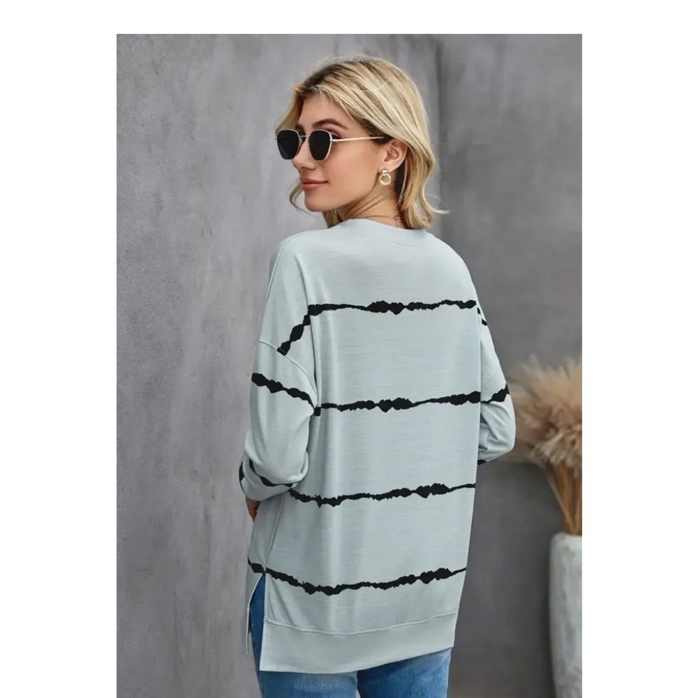 Long Sleeve Crewneck Sweatshirt Striped Printed Pullover, Blue - Picture 5 of 6